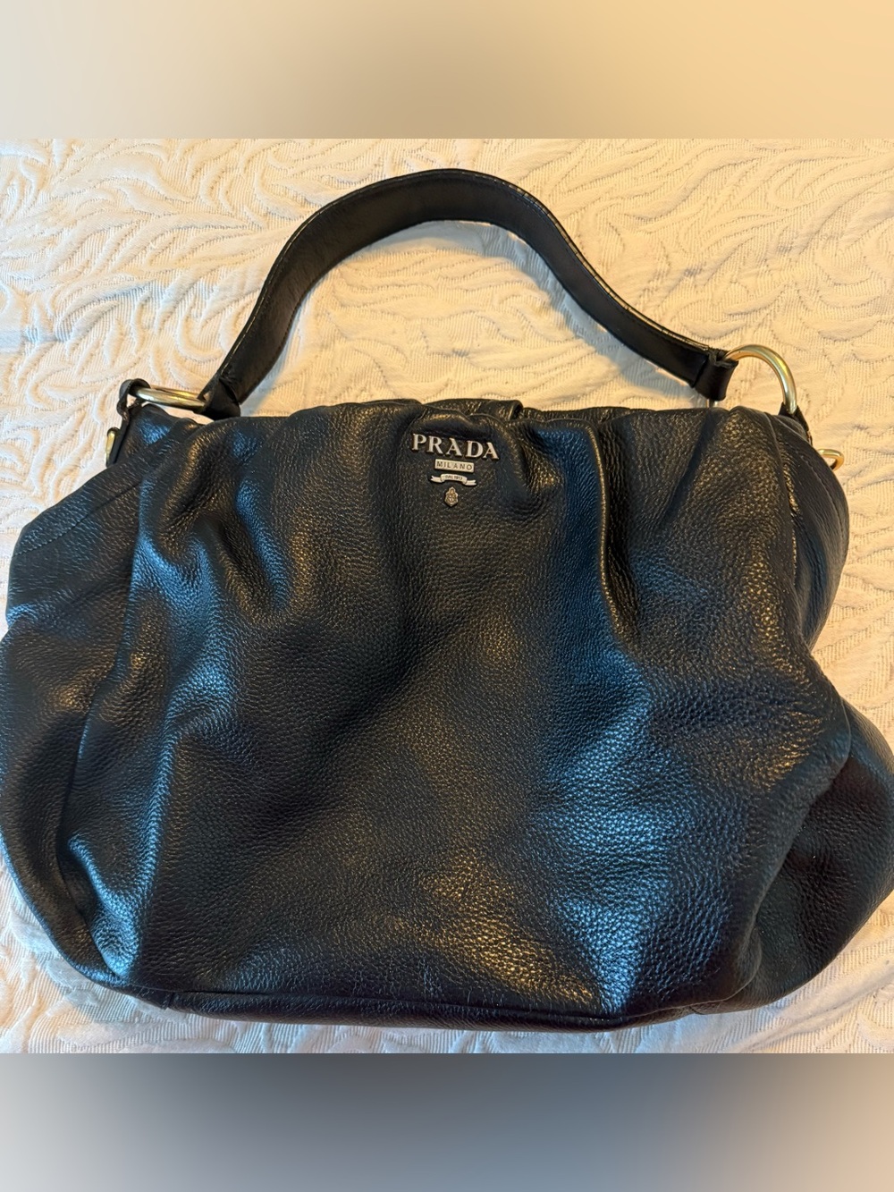 Prada Black Pebbled Leather Shoulder Bag with Gold Hardware VINTAGE